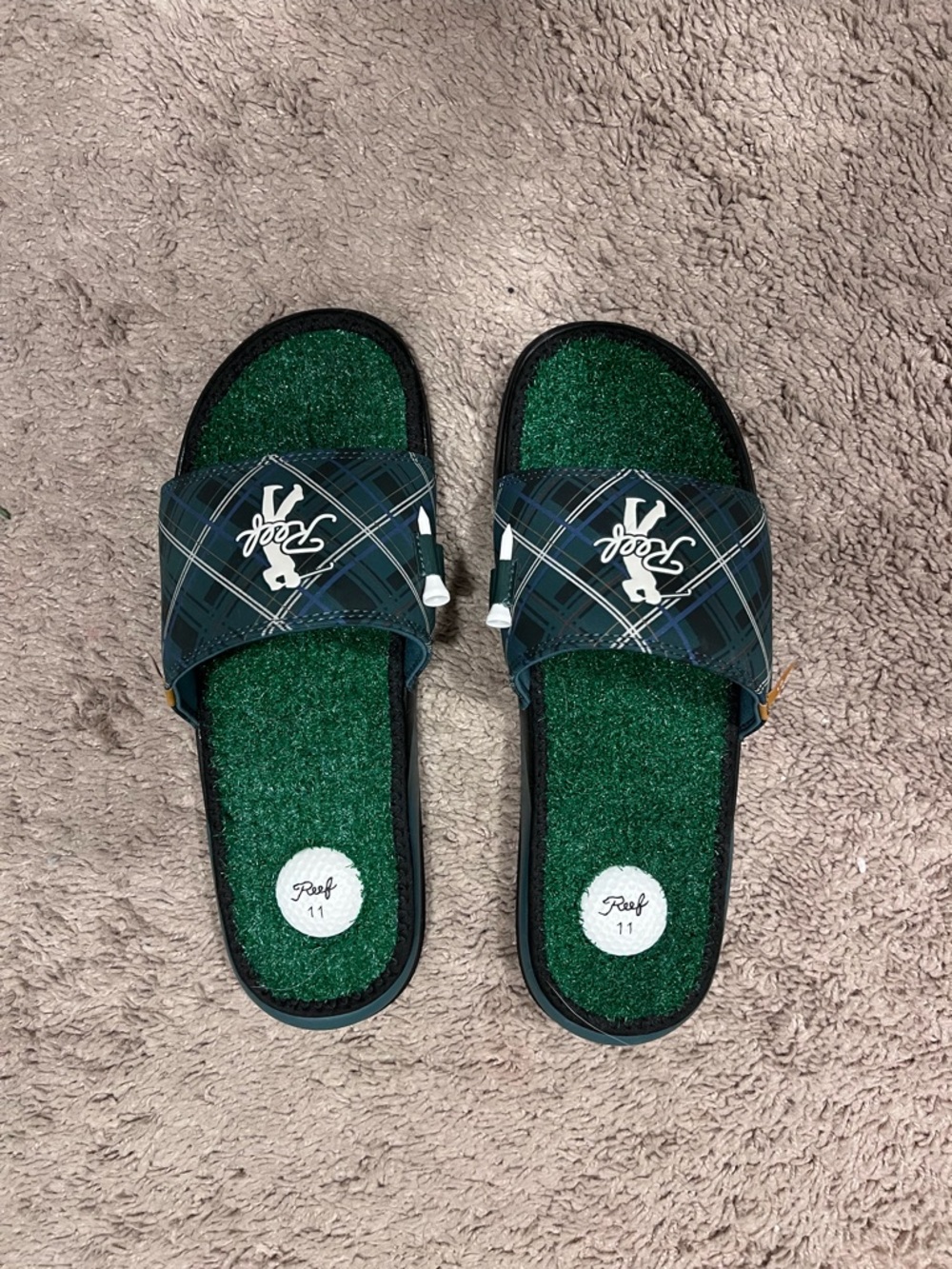 Reef Plaid Strap Slides with Green Turf Footbed